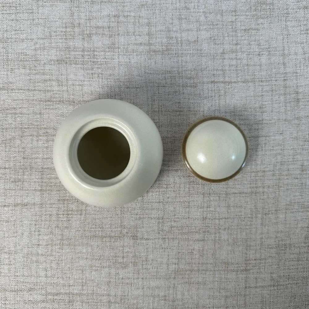 Dansk Santiago White Lidded Sugar Bowl | Cream Beige Ceramic Tan Trim